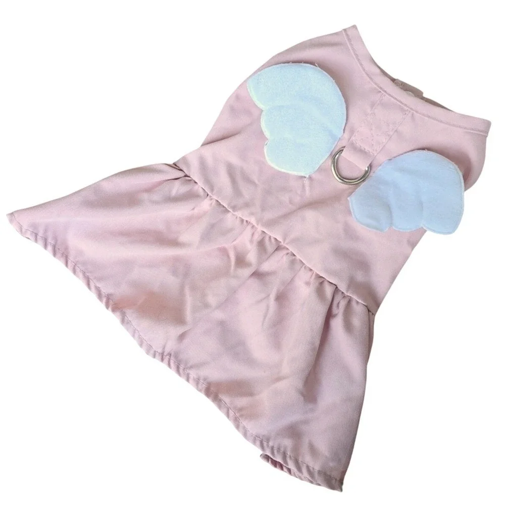 Small pet dog pink dress with harness ring white wings angel S lightweight‎ cute